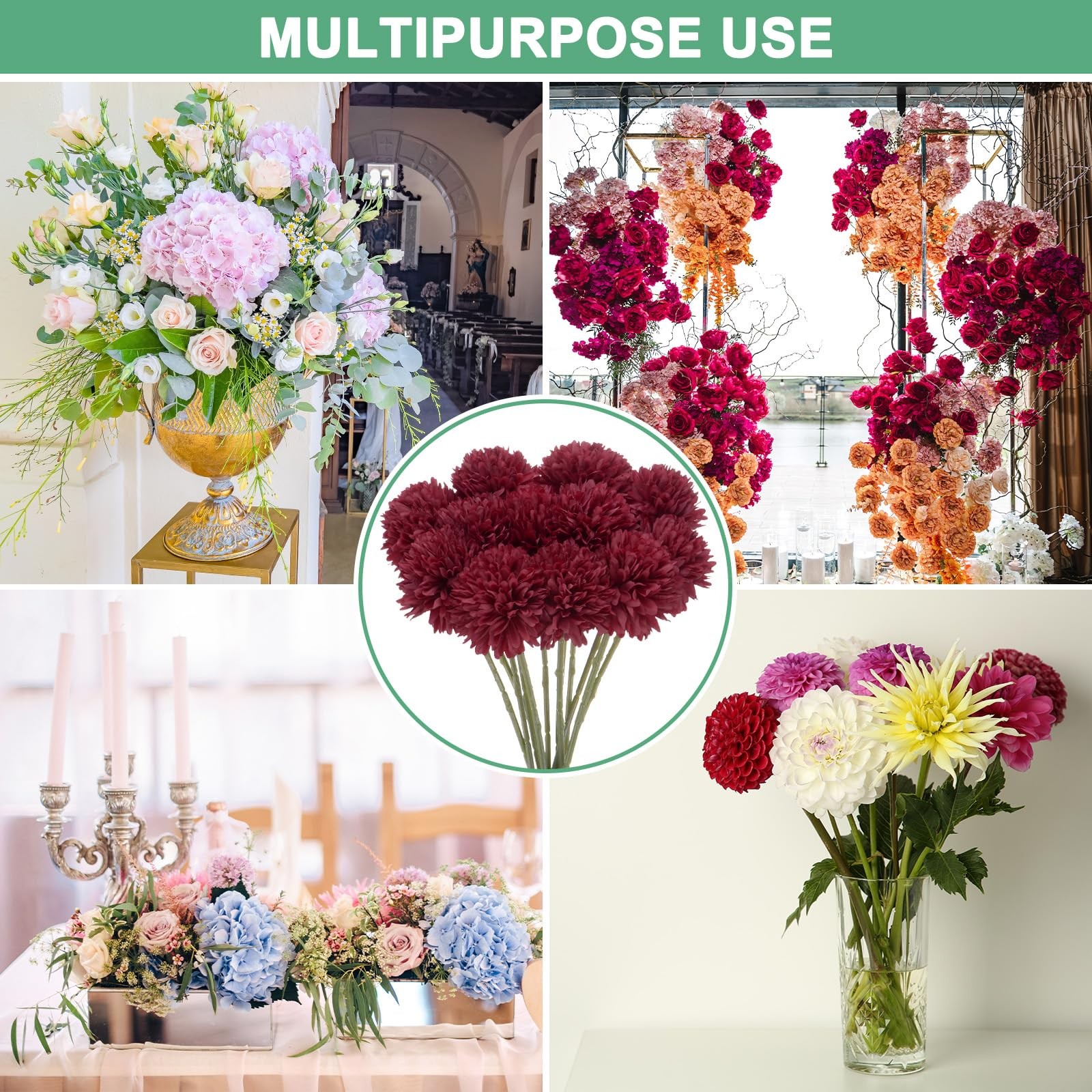 Artificial Chrysanthemum Ball Flowers 11 Inch Silk Real Touch Wine Red 12 PCS