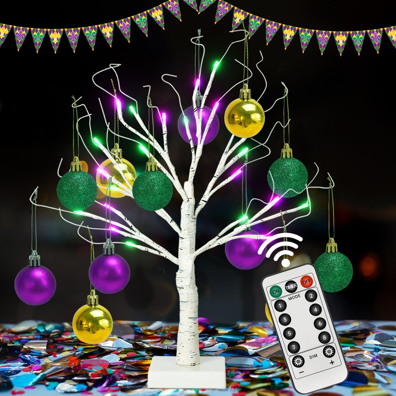 [Timer] 24” Mardi Gras Lighted Tabletop Birch Tree with 12pcs Ball Ornaments…