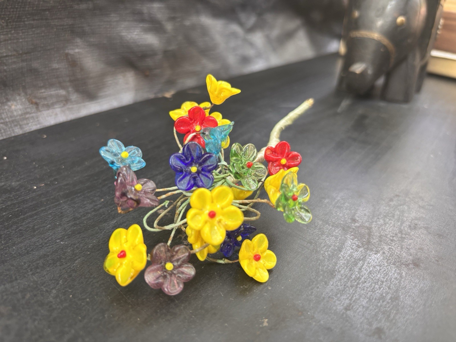 20 Mini Czech Glass Flowers Wire Stem Bouquet Red Blue Yellow Green Purple