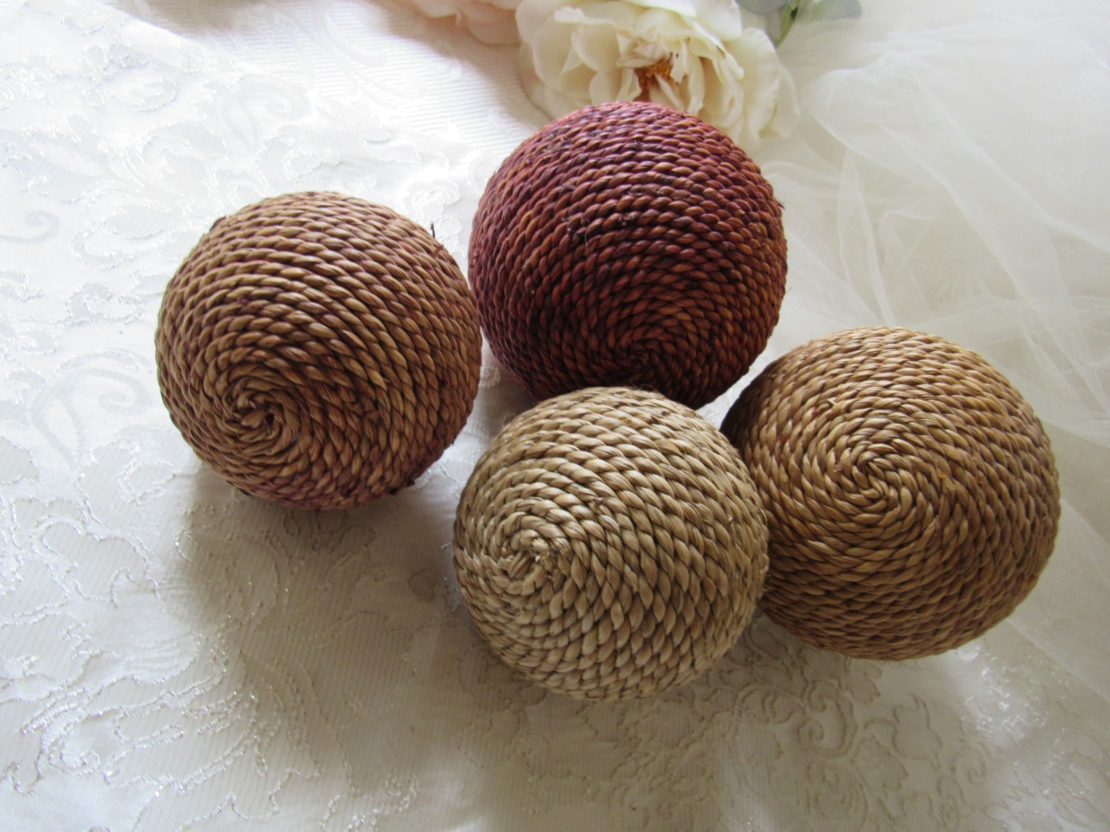 Jute Decor,set of 4,Mix Matched Floral Decor,4″ & 3″,Boho,tuscan,moroccan,sisal