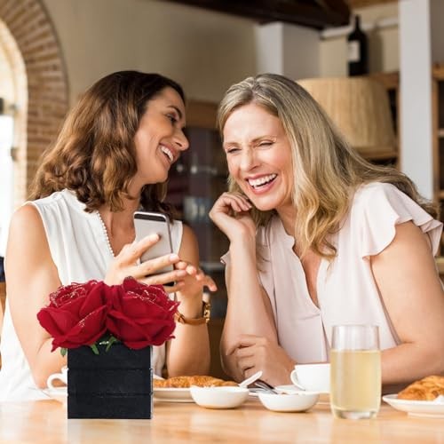 Artificial with Wooden Vase Silk Red Glitter Rose in Black Wood Box Red Roses