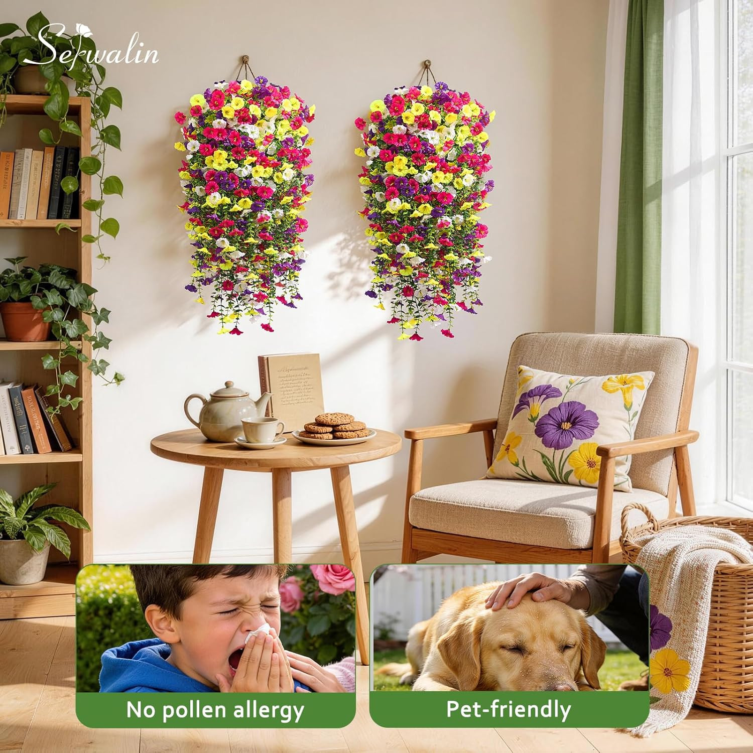 Artificial Hanging Flowers for Outdoors UV Resistant, 4PCS Faux Morning Glory Fa