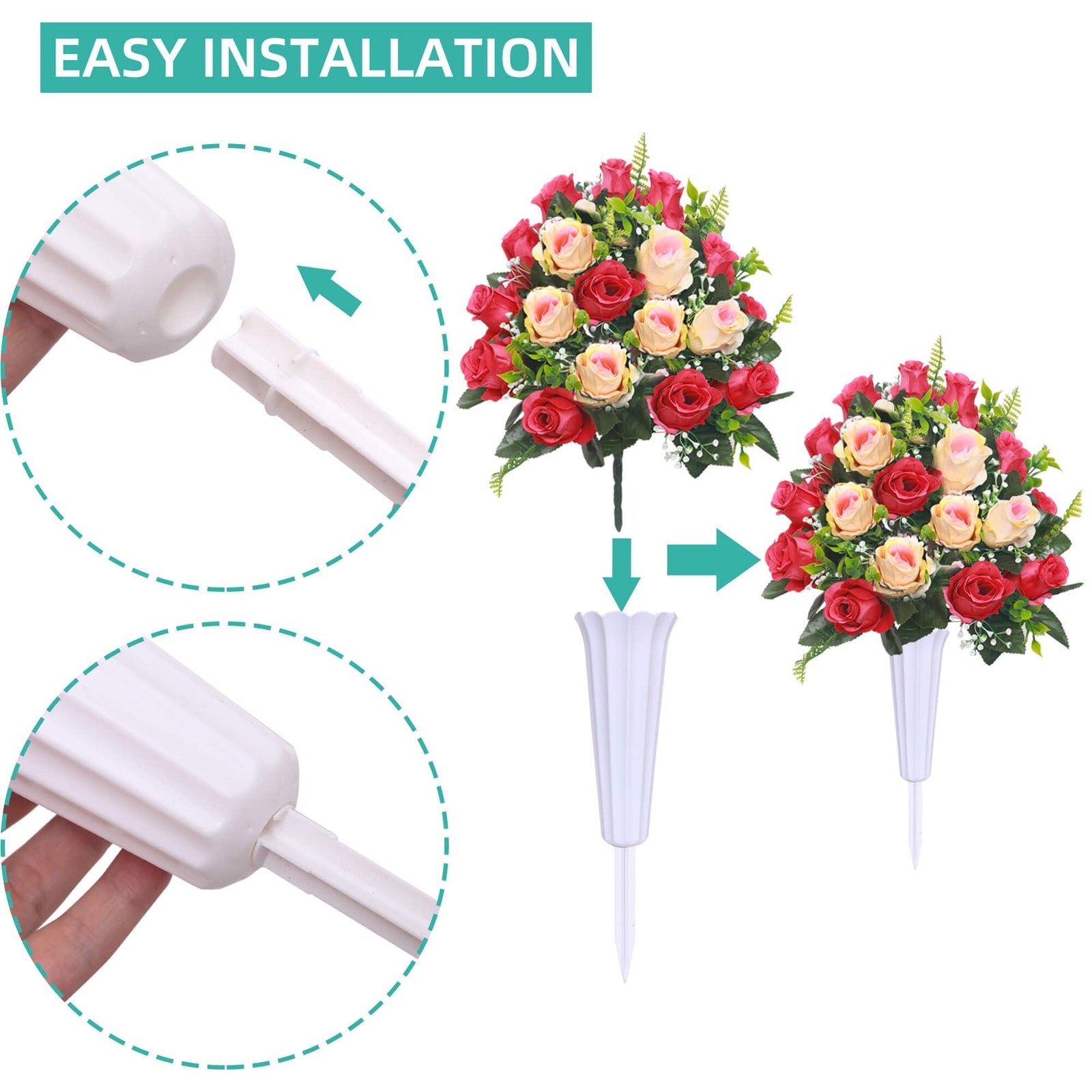 Lodou Artificial Cemetery Flowers,Set of 2 Grave Decorations Roses, Tombstone Me