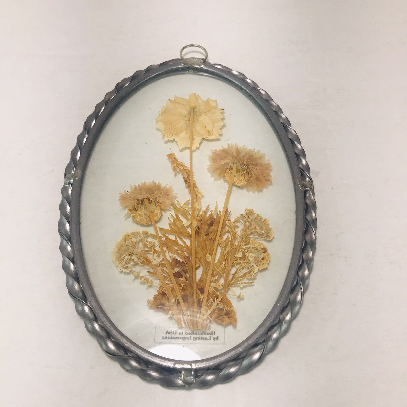 Vintage Lasting Impressions Real Dried Pressed Flowers In Glass Pewter Frame