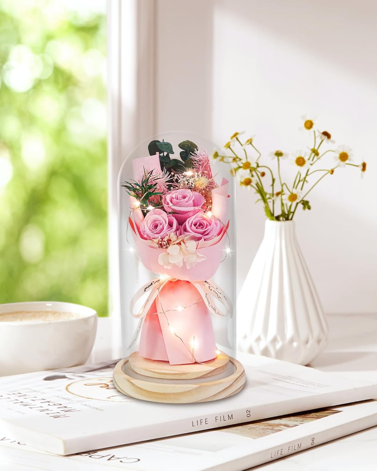 HVY Preserved Flowers Gifts for Her,Preserved Rose Bouquet in Glass Dome,Forever