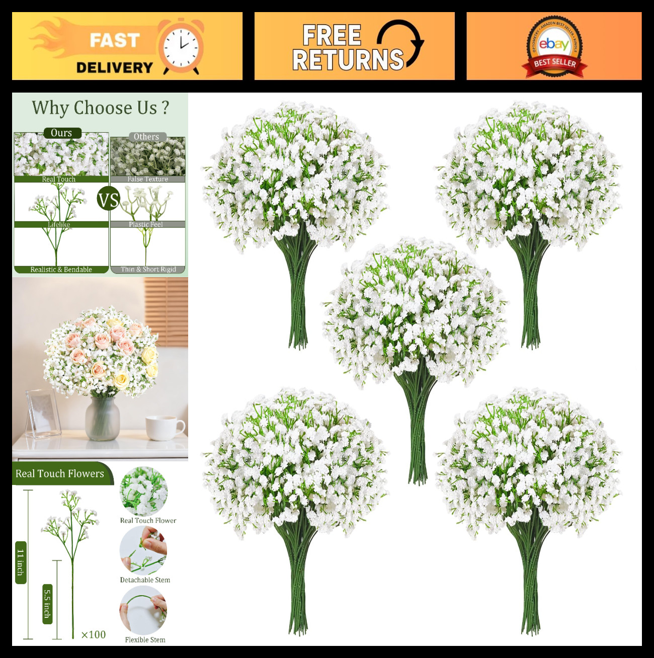 100Pcs Artificial Babys Breath Flowers – White Gypsophila for Wedding Home Decor