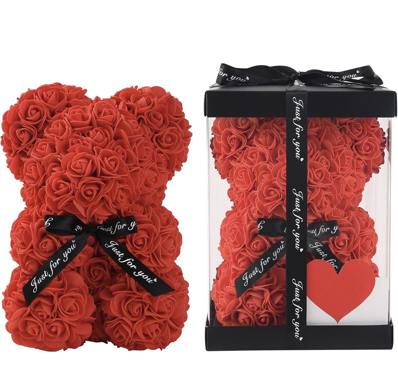 Valentine’s DayRose Flower Bear Hand Made Rose Teddy Bear w/Clear Gift Box(red)