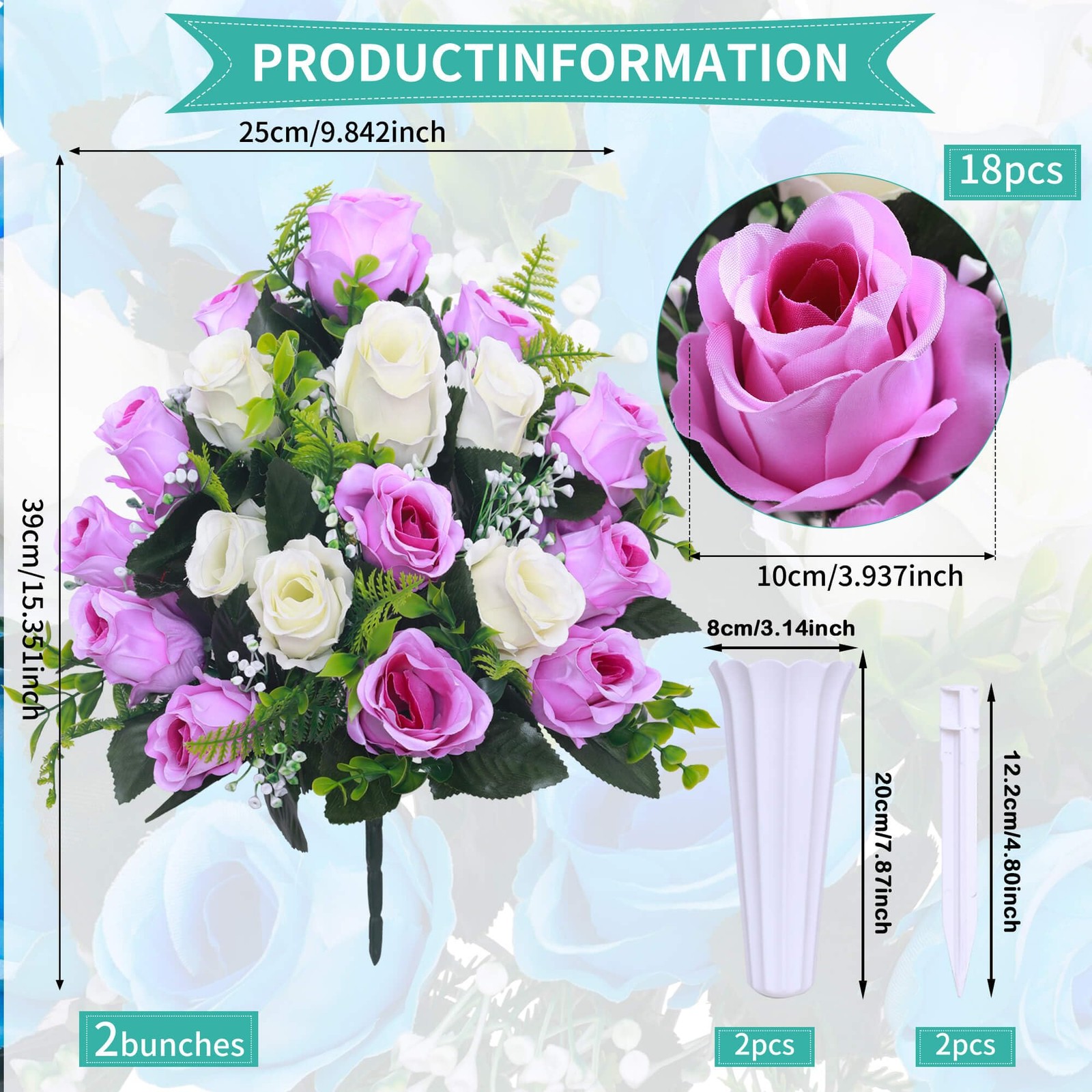 Artificial Cemetery Flowers,Set of 2 Grave Decorations Roses, Tombstone Memor