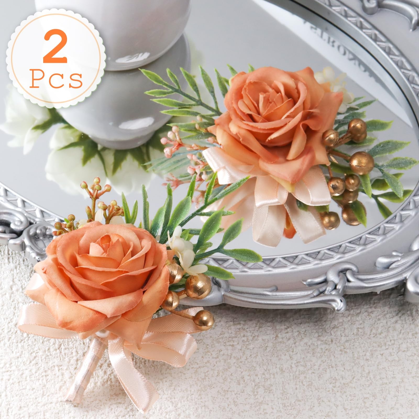 2 PCS Rose Wrist Corsage Boutonniere Set Wedding Artificial Flowers Orange