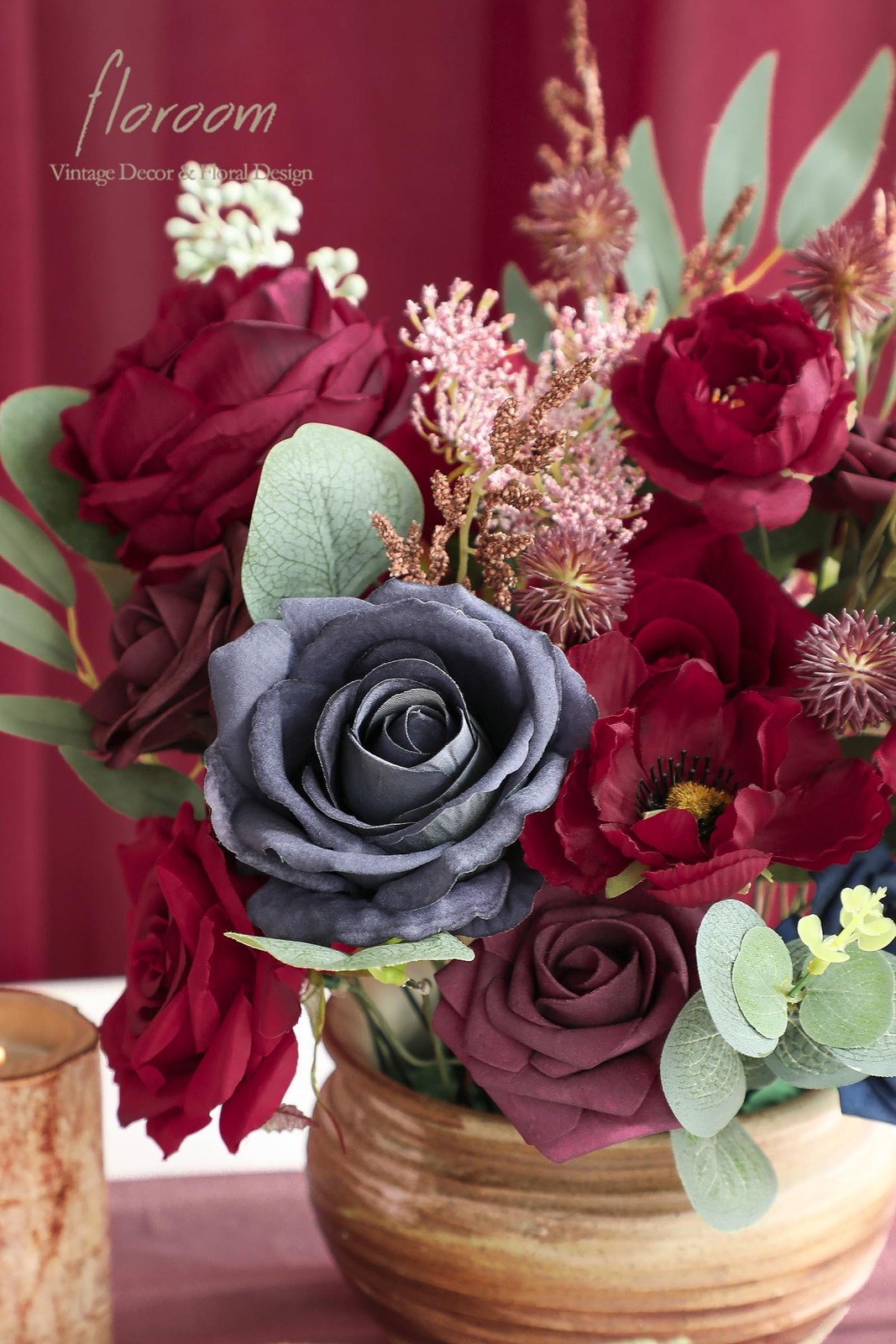 Burgundy, Navy Blue Artificial Flowers, Combo Box, Roses, Peonies, DIY Bouquet