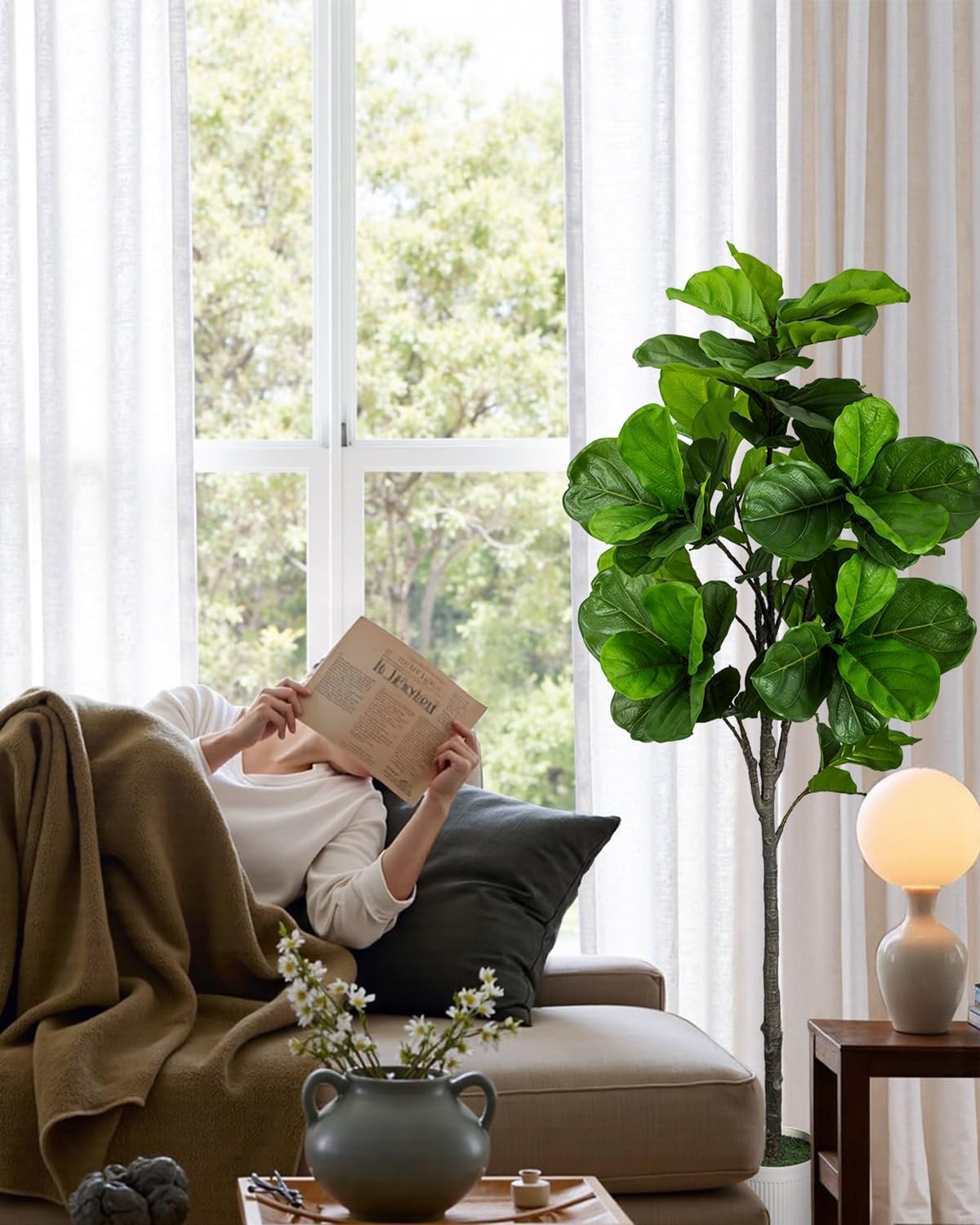 1 PCS Artificial Fiddle Leaf Fig Tree 6 ft Fake Faux Ficus White Planter Pot