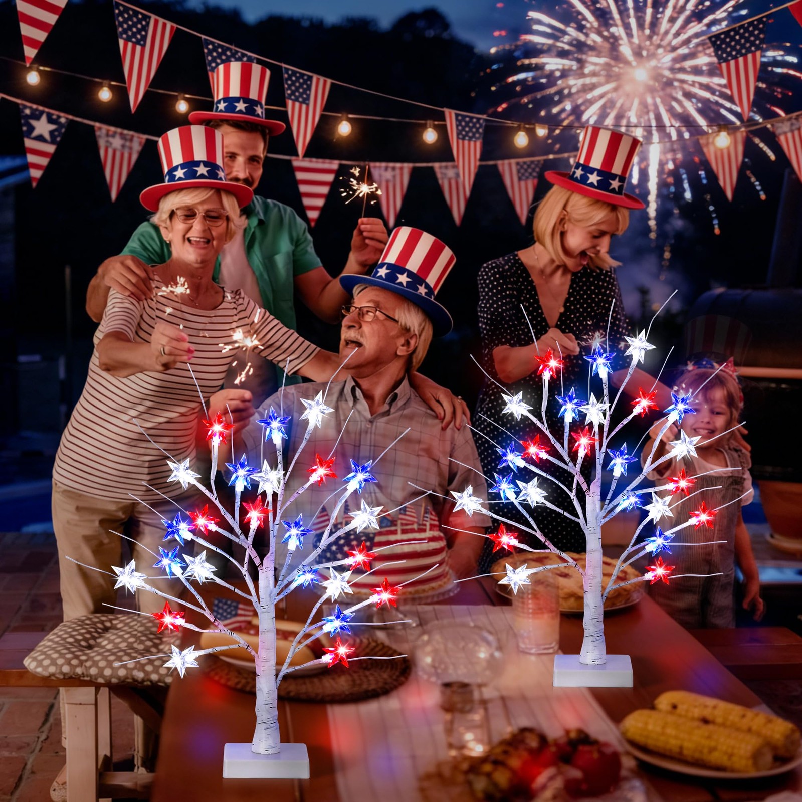2 Pack 18″ 4th of July Patriotic Tree Lights with 24 LED Red White Blue Star …