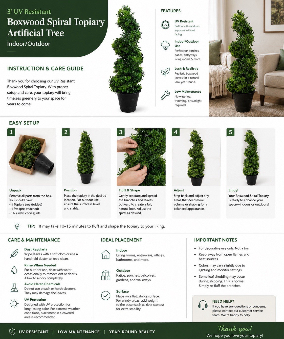 3’ UV Resistant Boxwood Spiral Topiary Artificial Tree Indoor/Outdoor