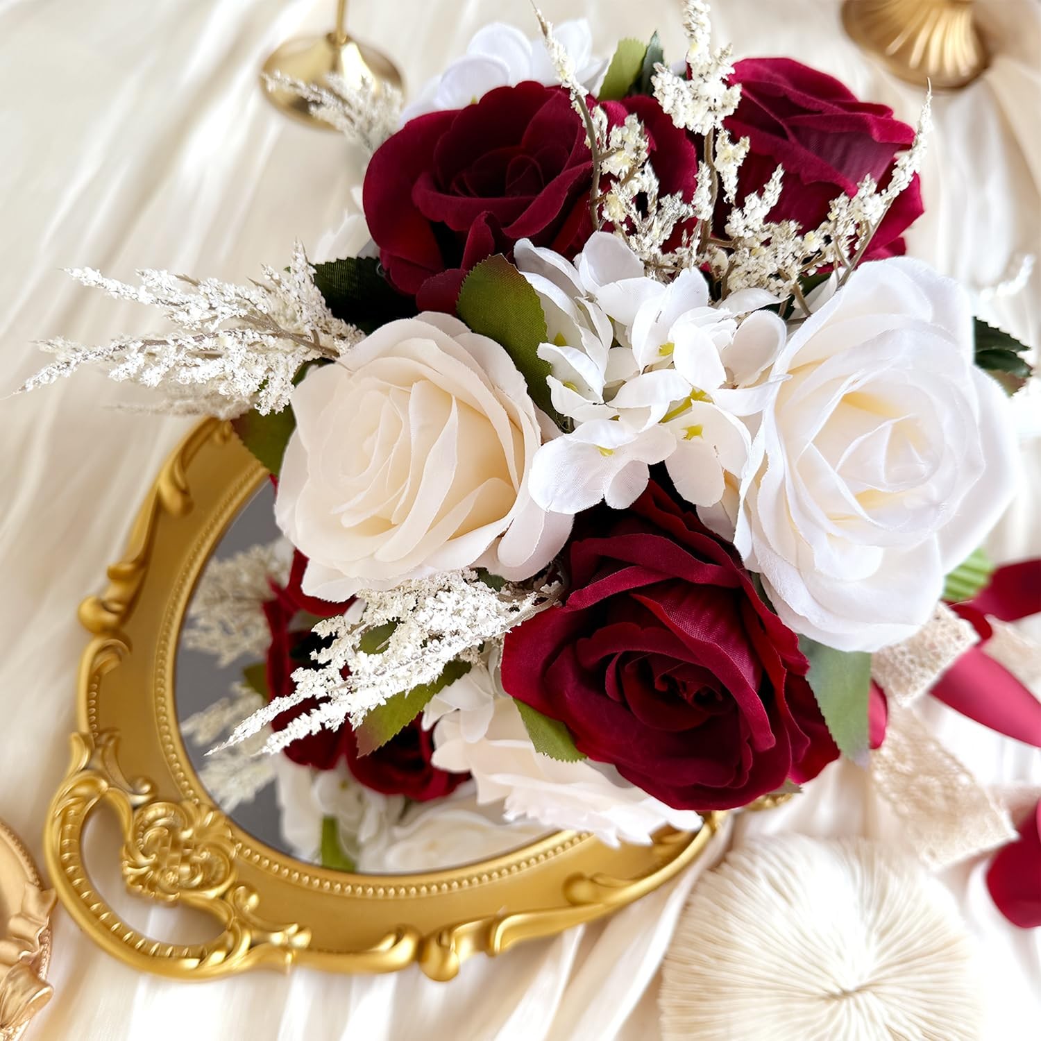9 Inch Burgundy Wedding Bouquets for Bride Bridesmaid, Dark Red White Champag…