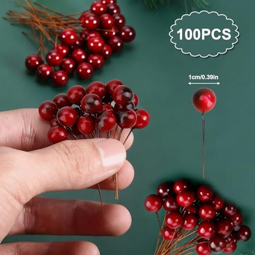 100 Pack Artificial Holly Berries Mini 10 mm Christmas Fake Berries Wine Red