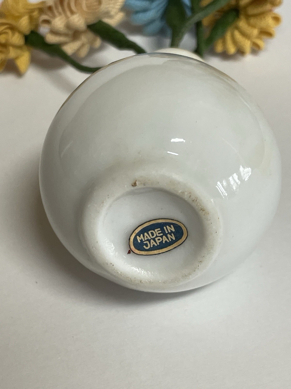 Cloth Flowers and White Ceramic Vase Miniature Decor Made in Japan 4”