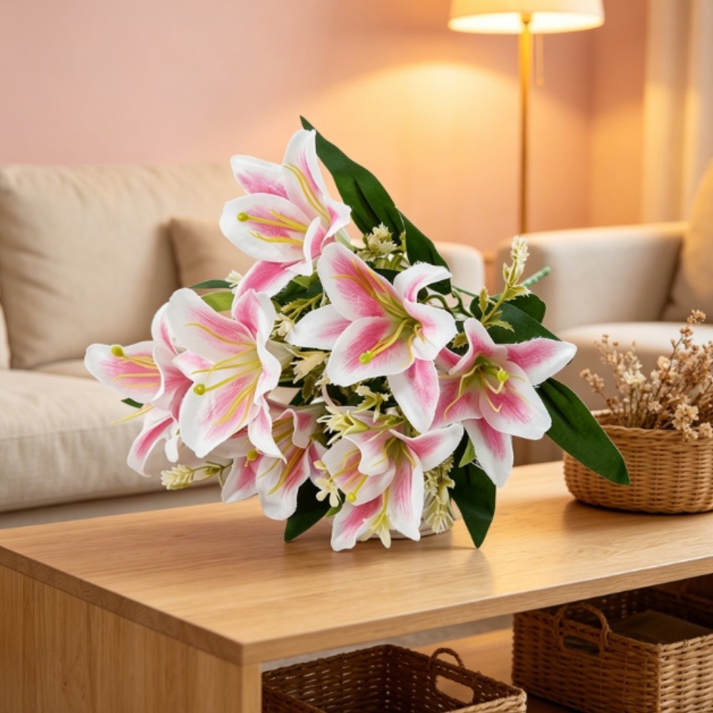 Silk Lily Flower Bouquet 7 Blooms Wedding Home Decor Table Centerpiece Red
