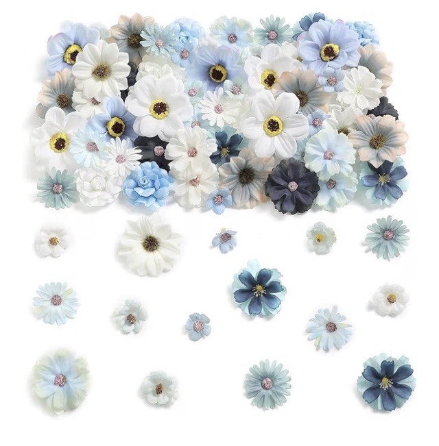 90 Pcs Mini Artificial Silk Flower Heads Blue Peony Daisy Rose Floral Appliqué