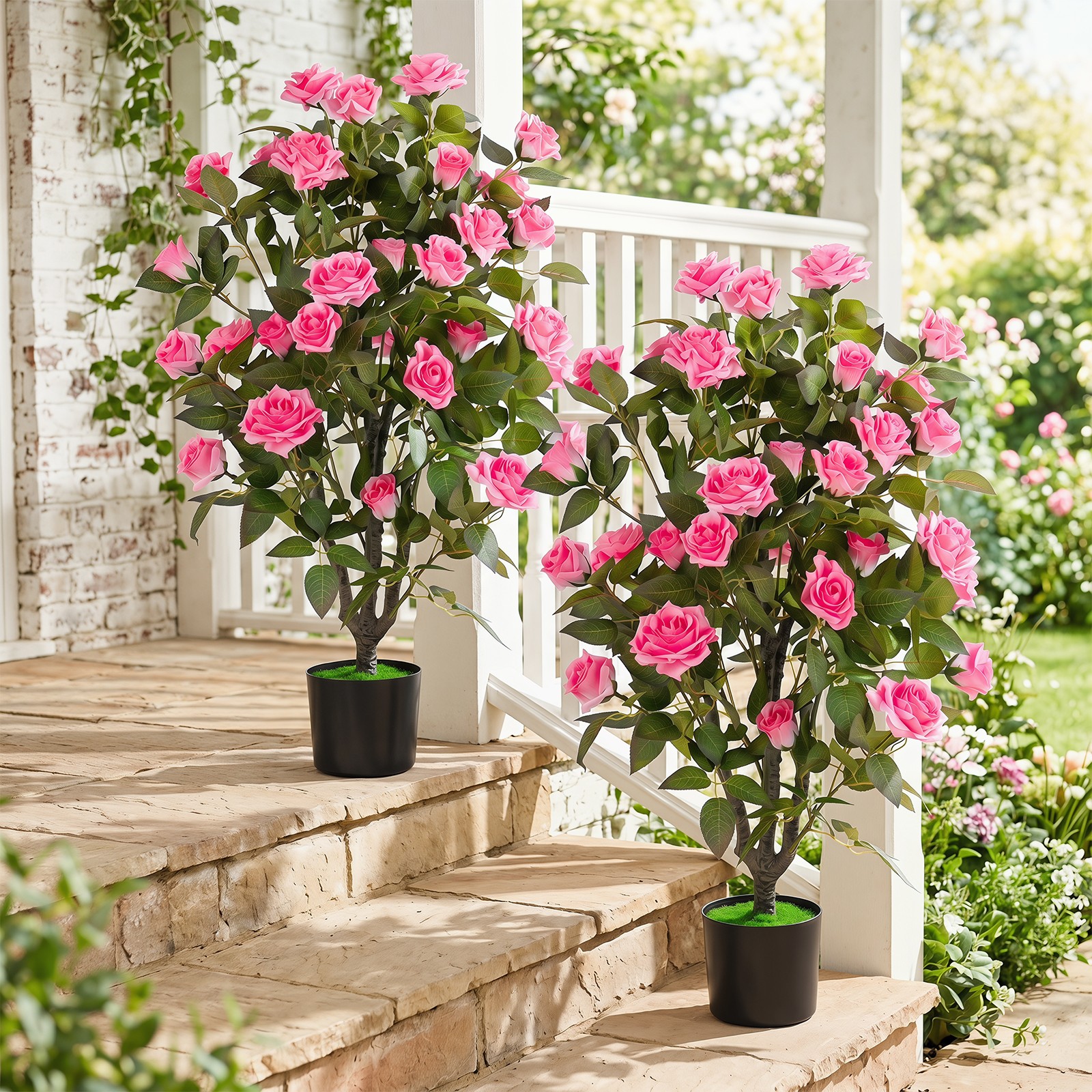 2PCS Artificial Rose Tree w/Blooming Flowers and Green Leaves, Free Maintenance