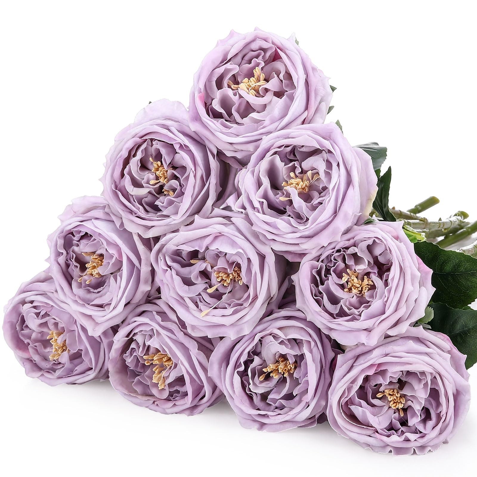 Daifunli 10pcs Peonies Artificial Flowers, Faux Austin Rose Long Stem Real Fake