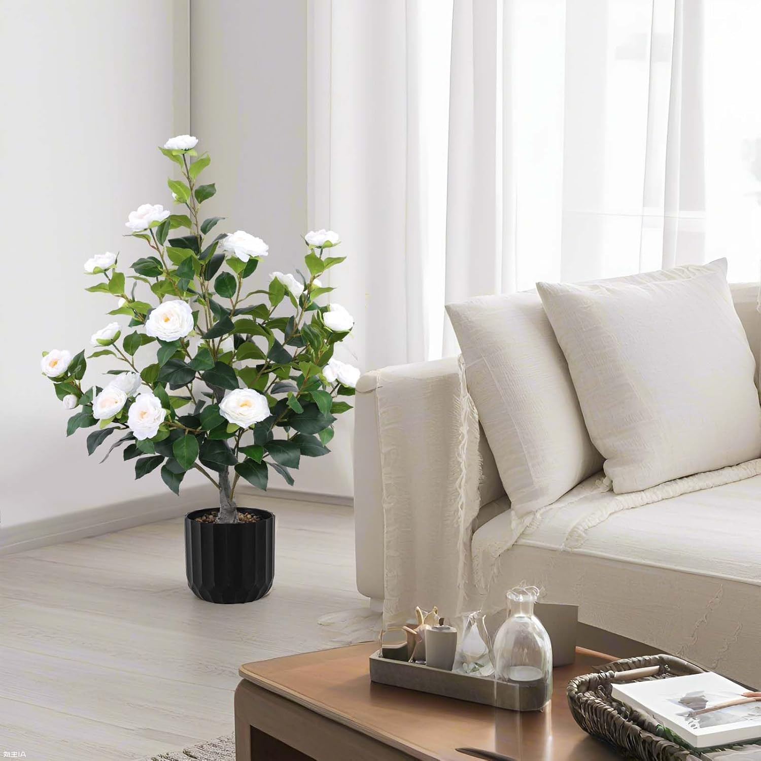 2 Pcs Artificial Camellia Trees Faux Camellia Plant in Pot with Flowers Indoor P