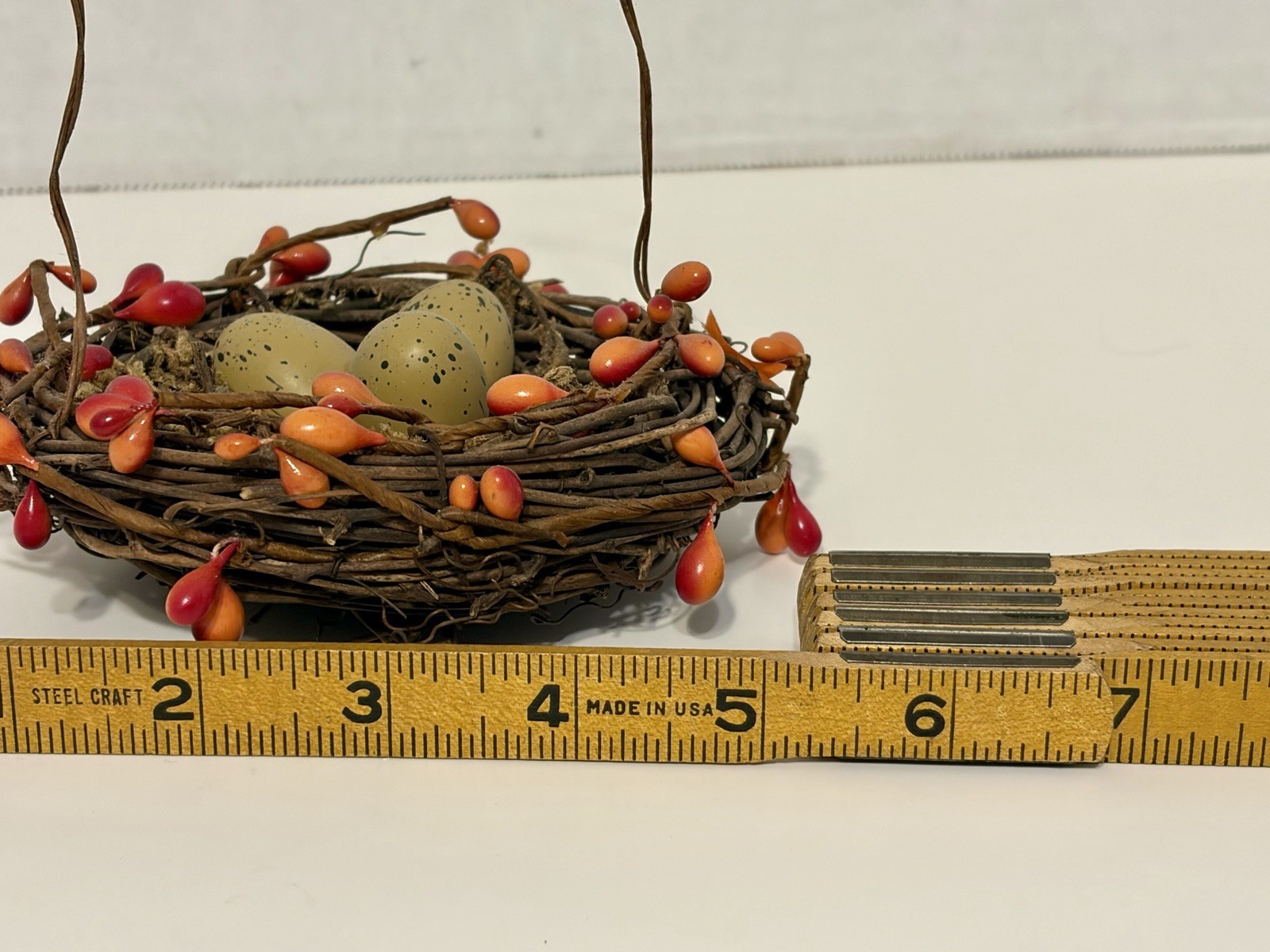 twig bird nest basket featuring faux eggs, , and moss Easter Decor Eggs Nest Vtg
