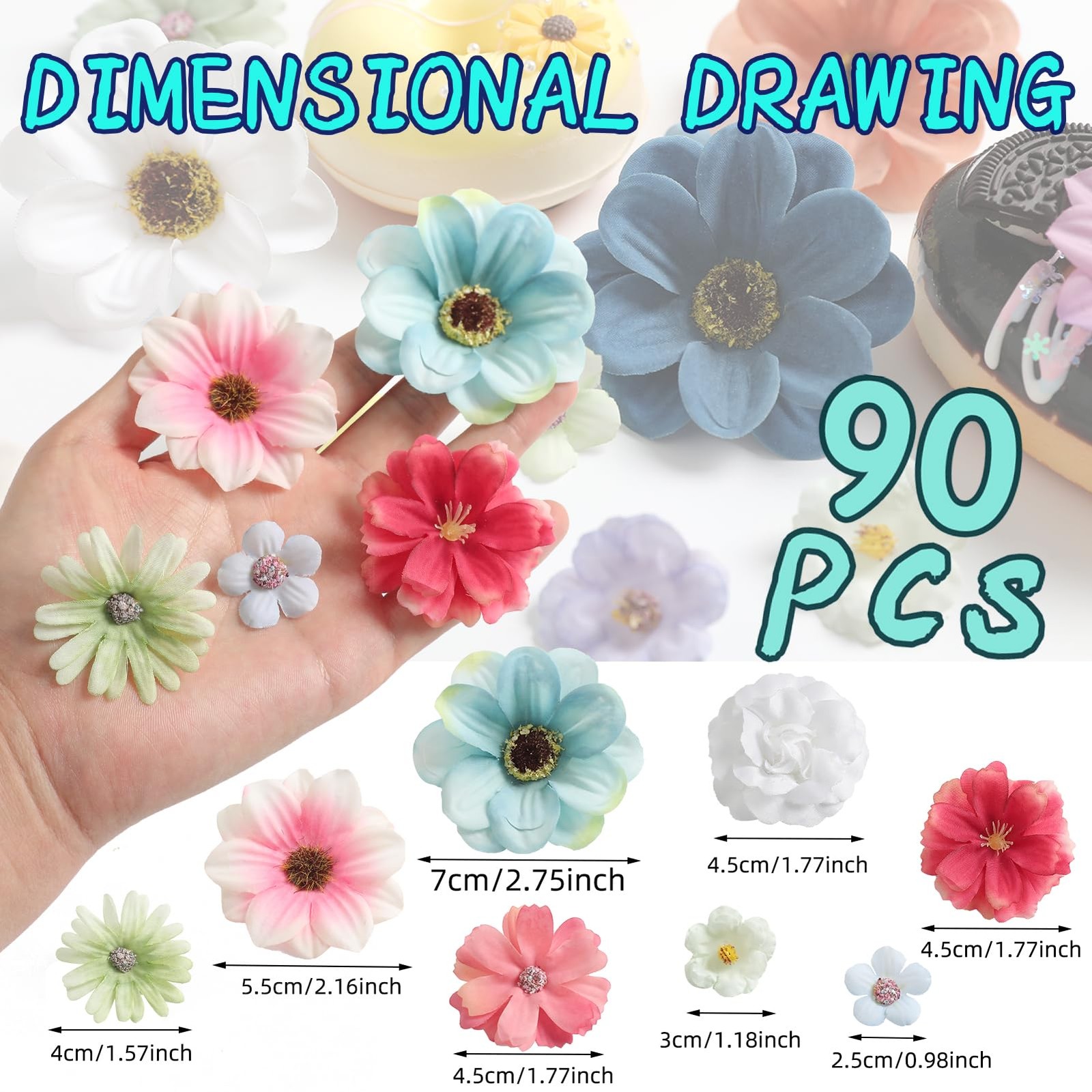 90 PCS Mini Artificial Silk Flower Heads Multicolor Peony Daisy Rose Crafts