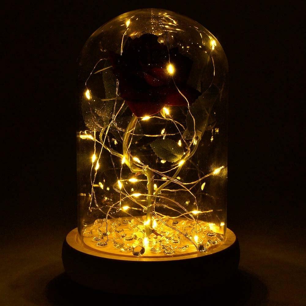 Fairy Tale Red Handmade Enchanted Rose in Glass Dome Bell Jar & Pretty LED Light