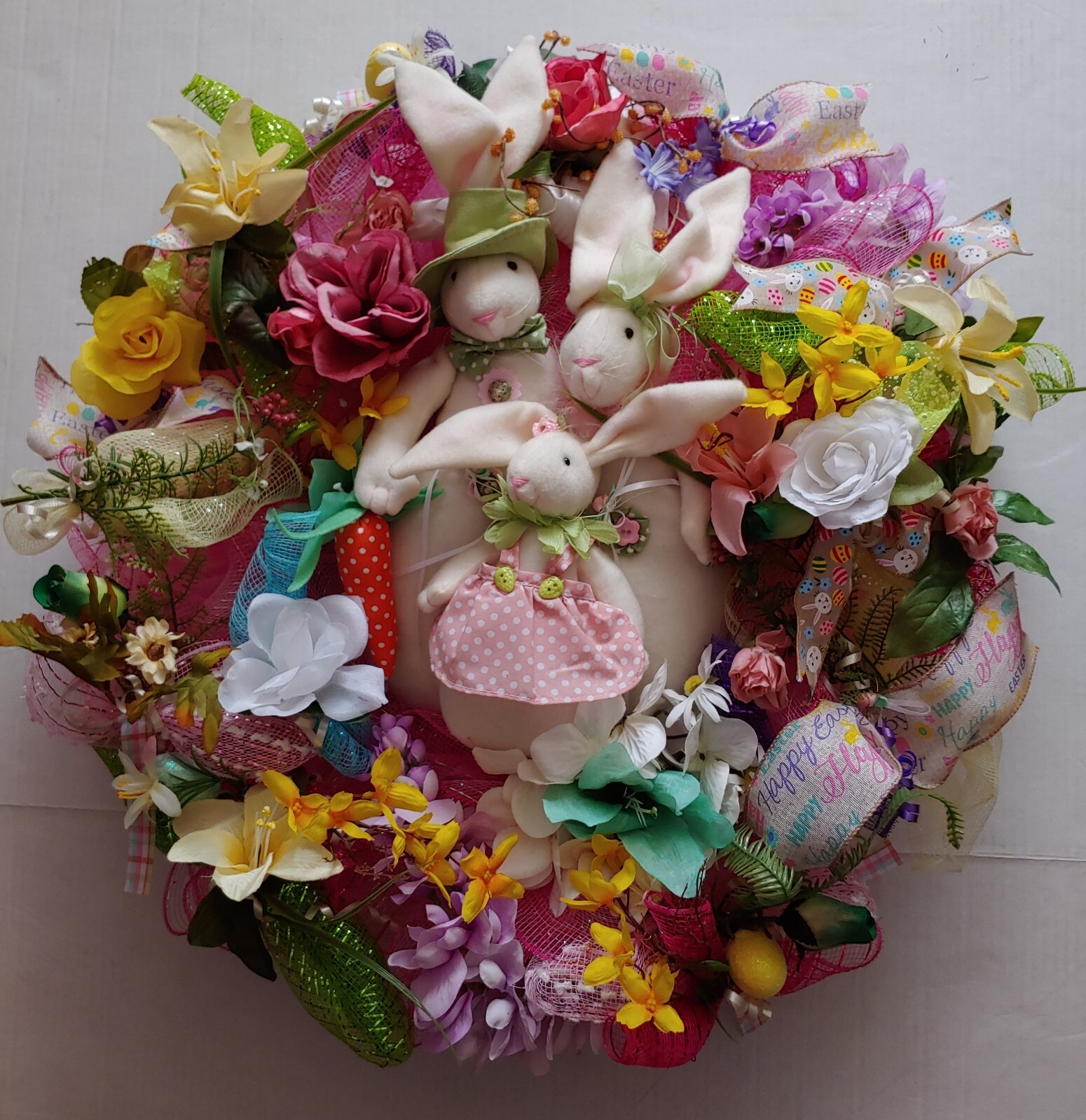 FREE Easter Bunny Rabbits Family of 3 Extra Large 24″ Deco Mesh Wreath New