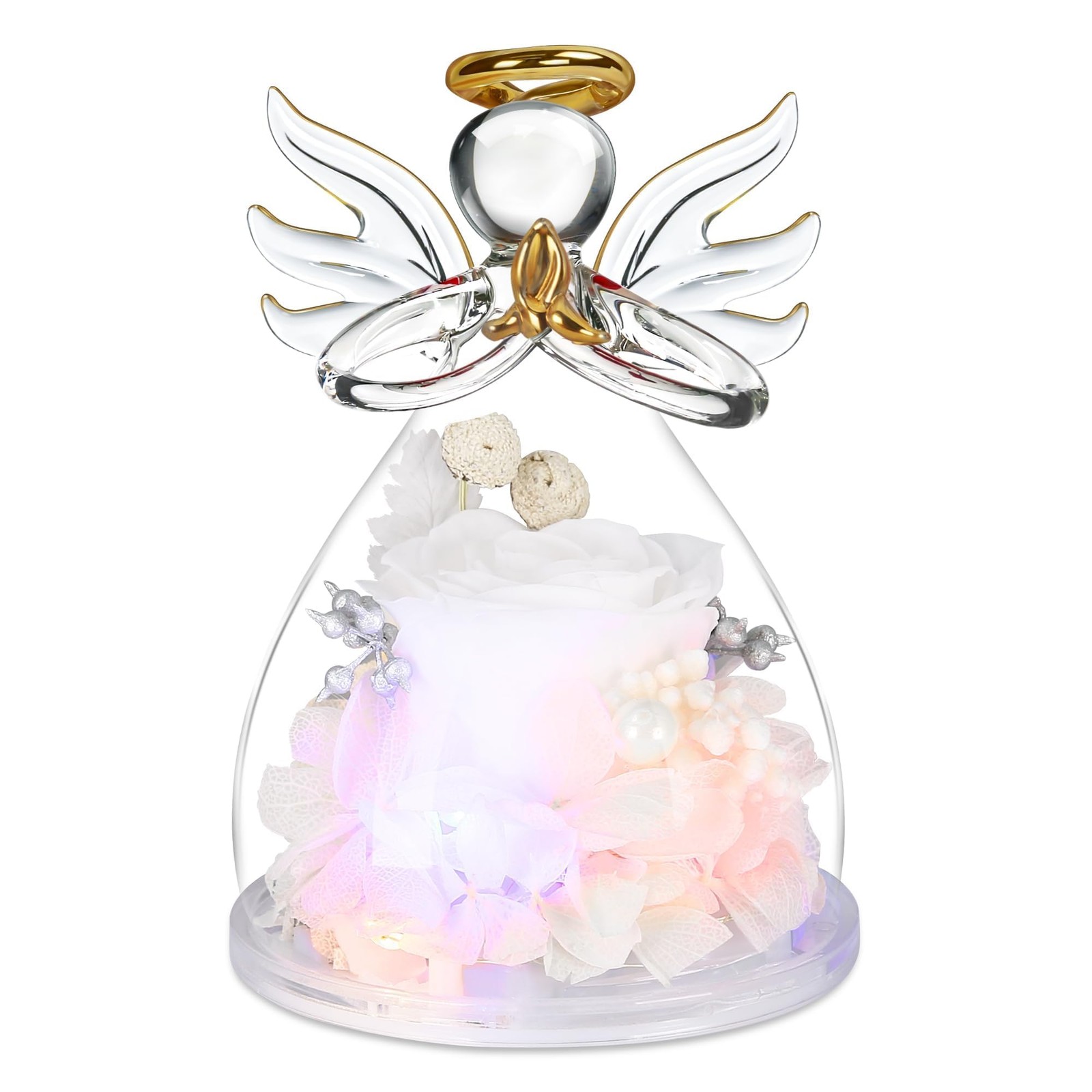 Preserved Fresh Flowers Light Up White Angel Figurine Mothers Day Gift Mom