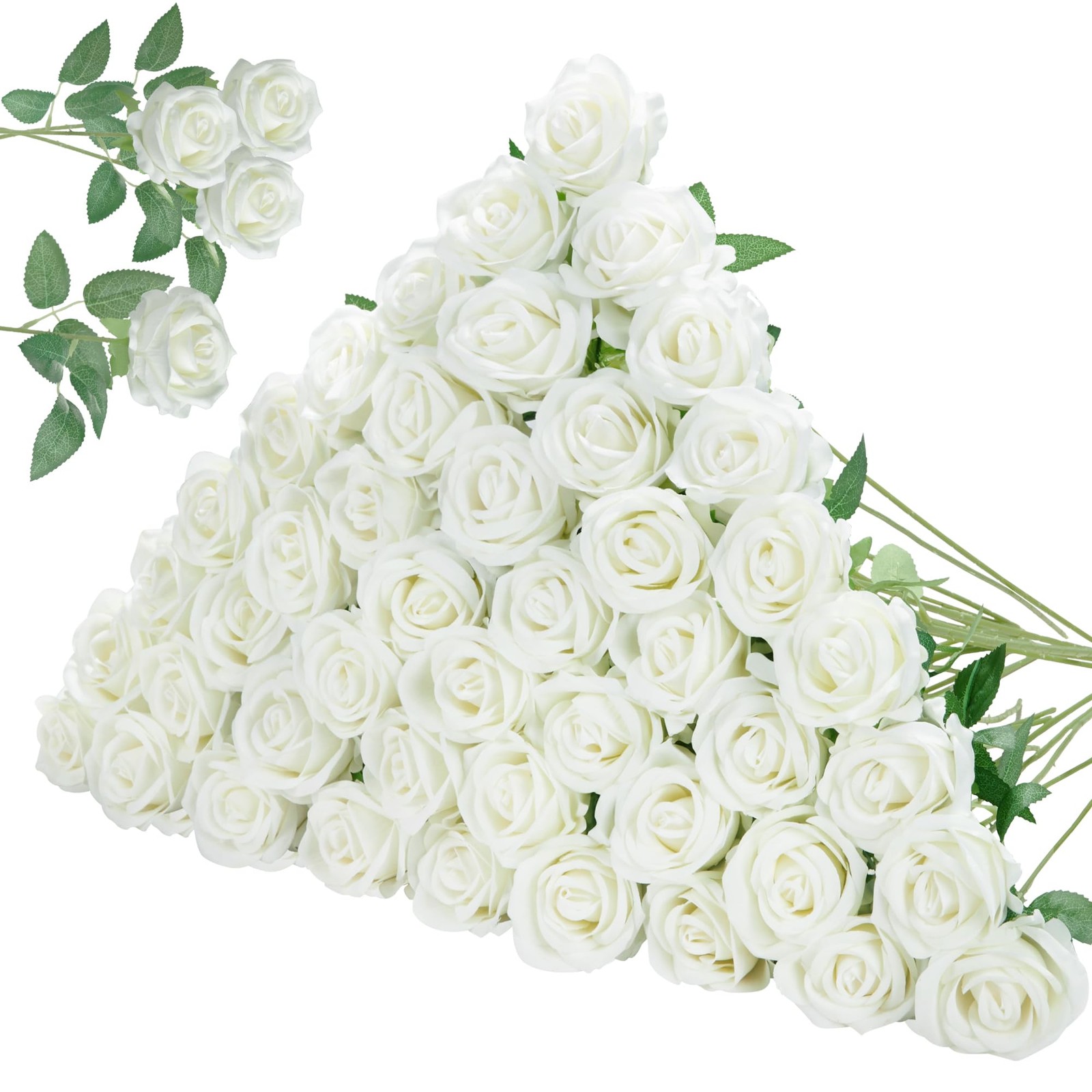 50 Pcs White Roses Artificial Flowers, Fake Velvet Silk Rose Bulk Faux Flower…