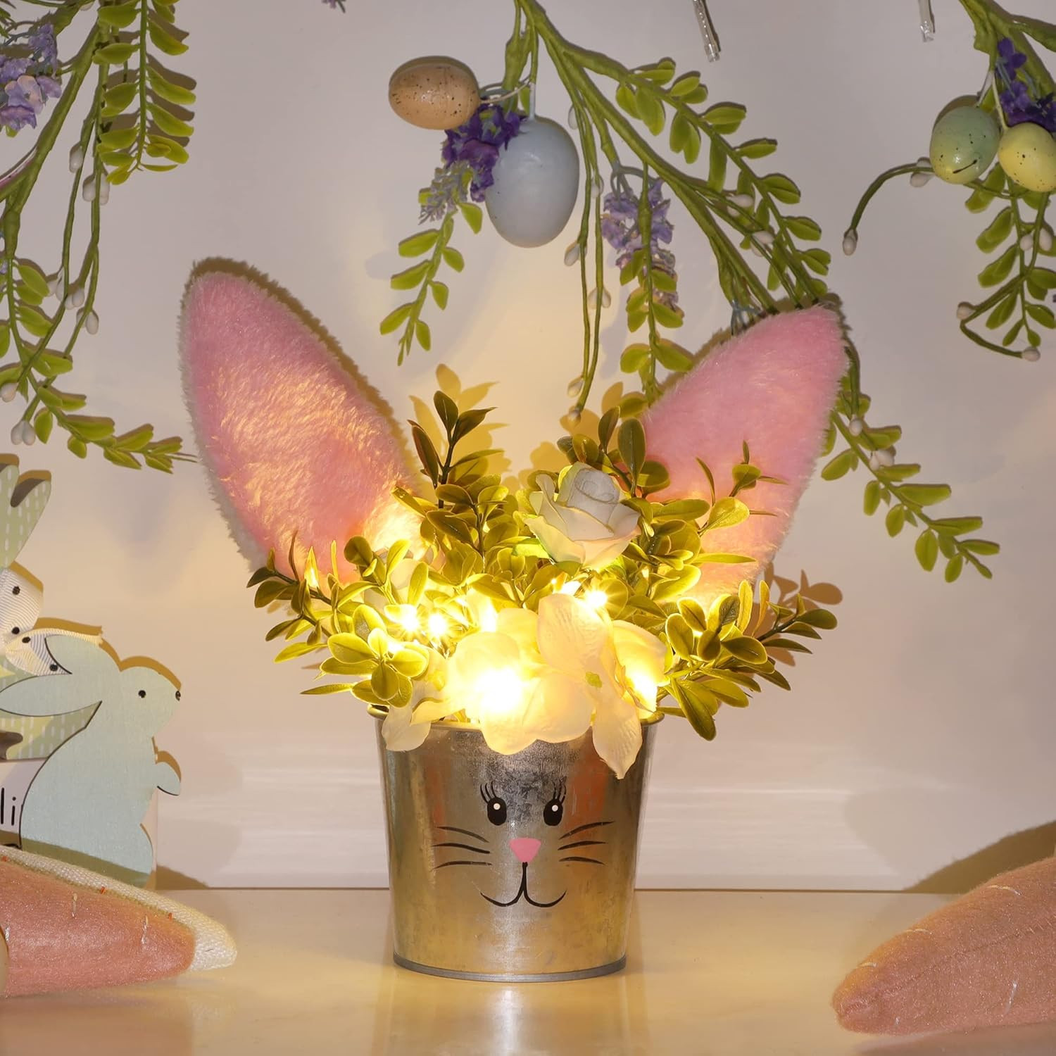 Easter Table Decorations Artificial Flower with Bunny Ear, Lighted Easter Desk D