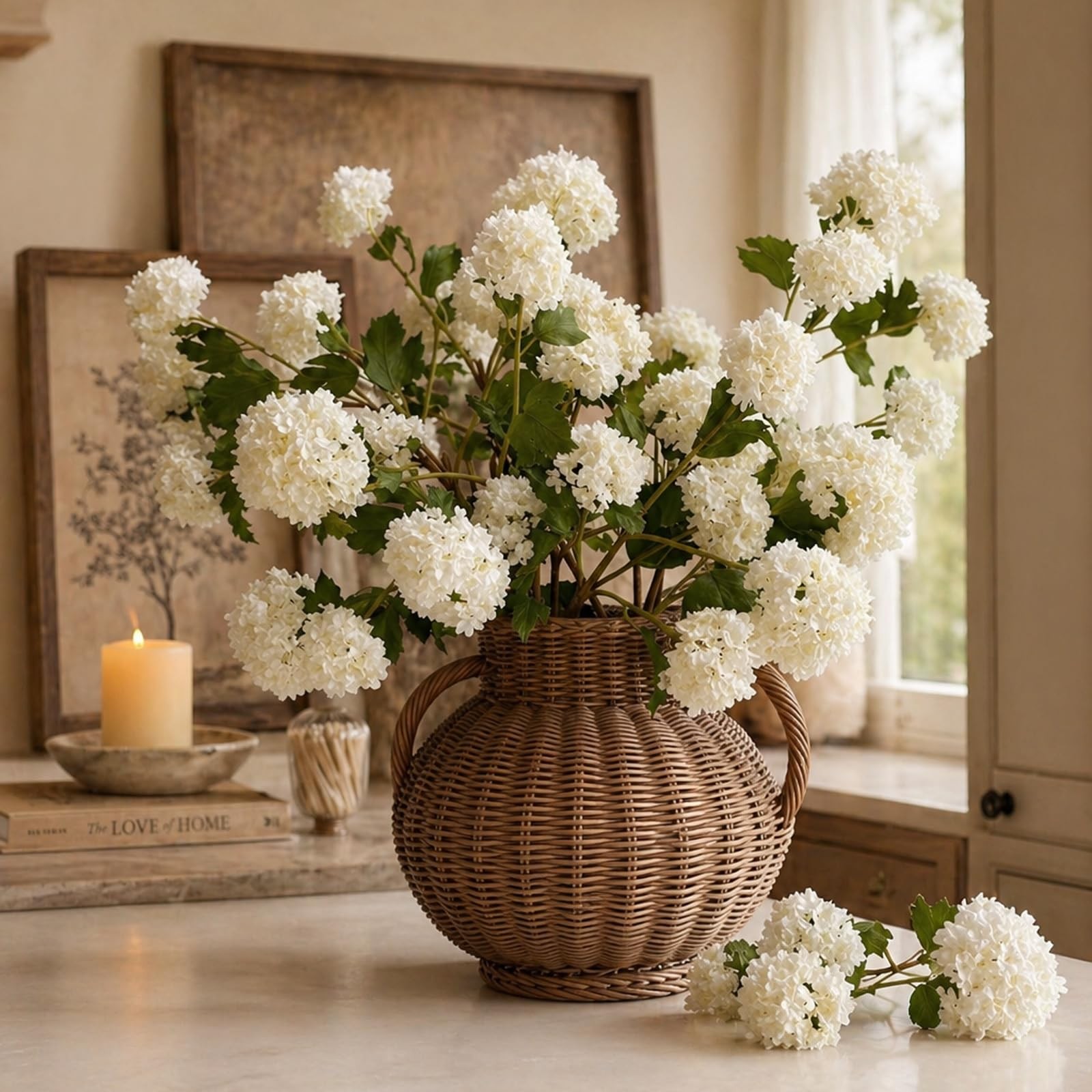 4 Pcs Artificial Snowball Hydrangea Branches 30 Inch Faux Snowball Viburnum S…