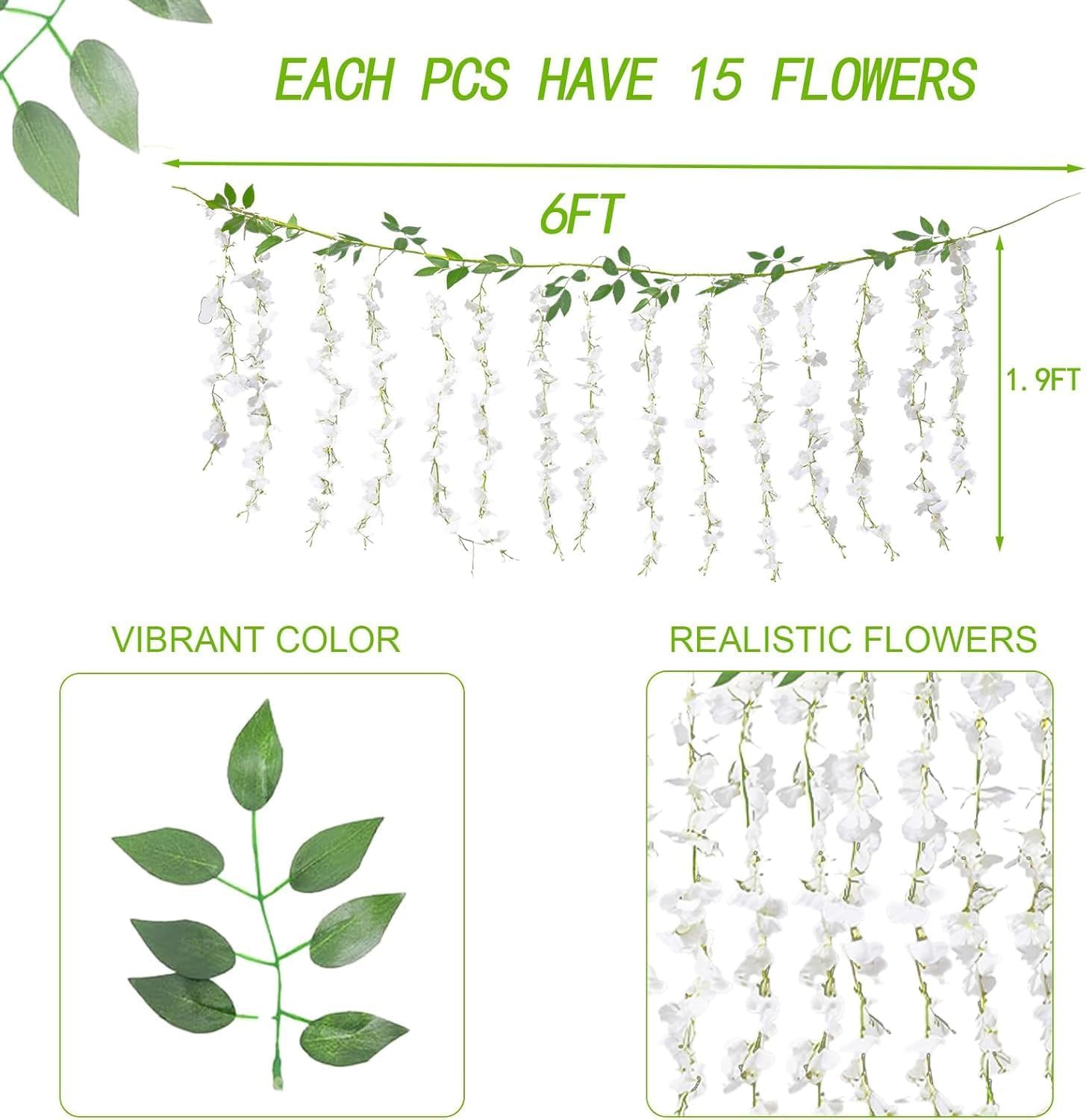 30 Branches White Wisteria Hanging Flower Vines for Wedding Decor | Artificial W