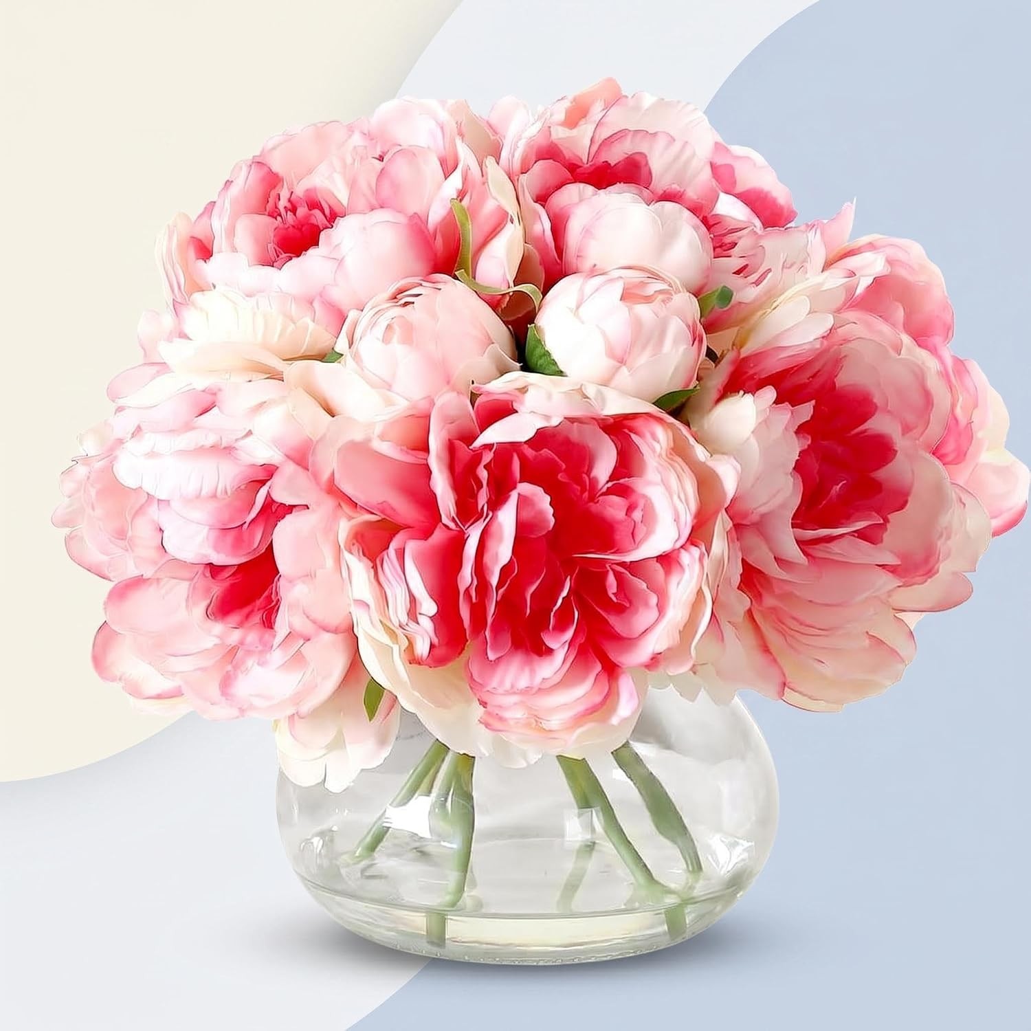 Peonies 7-Count Artificial Silk Bouquet Flower in Glass Vase with Faux Water