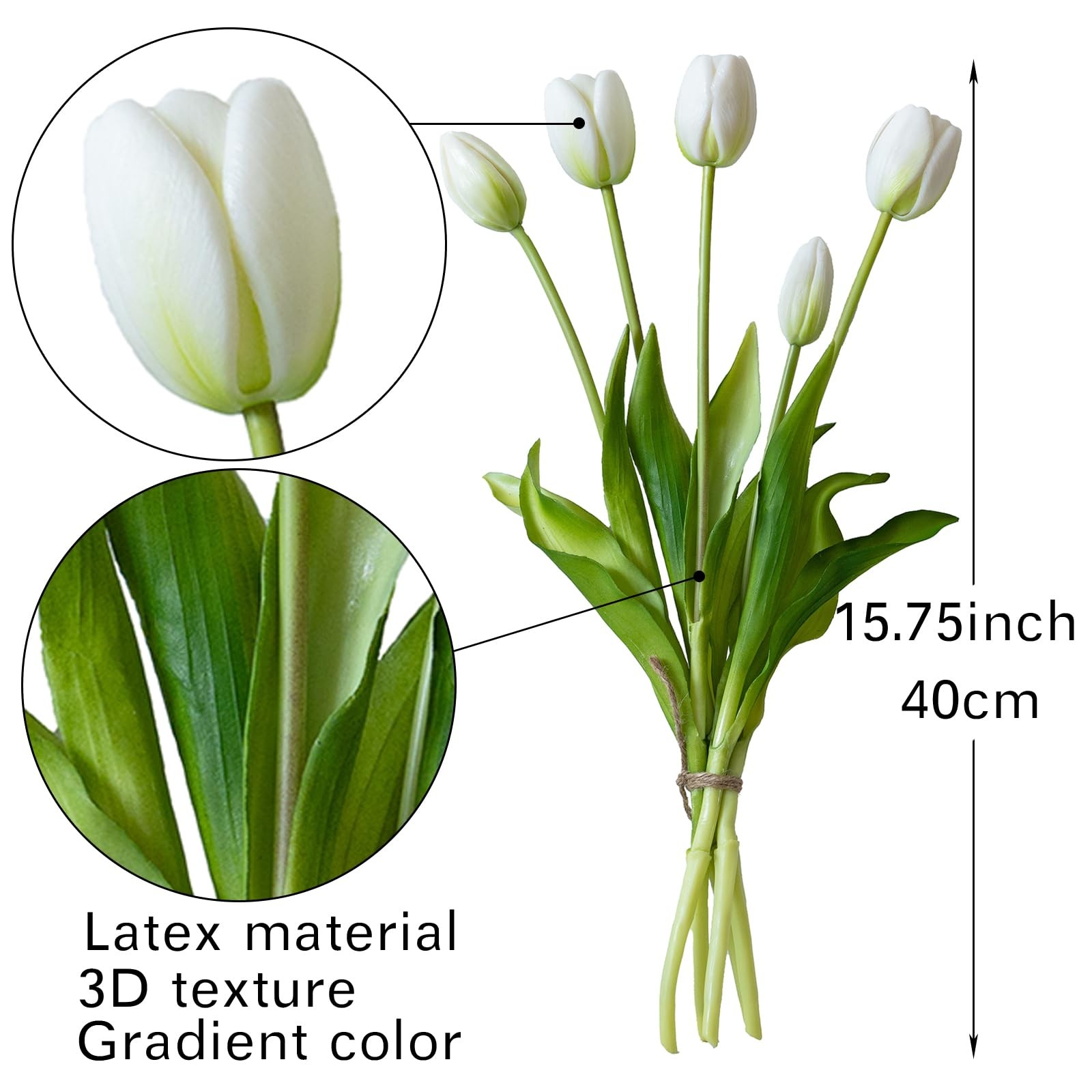 15 PCS Artificial Tulips Flowers Soft Touch Realistic Latex Bouquet White
