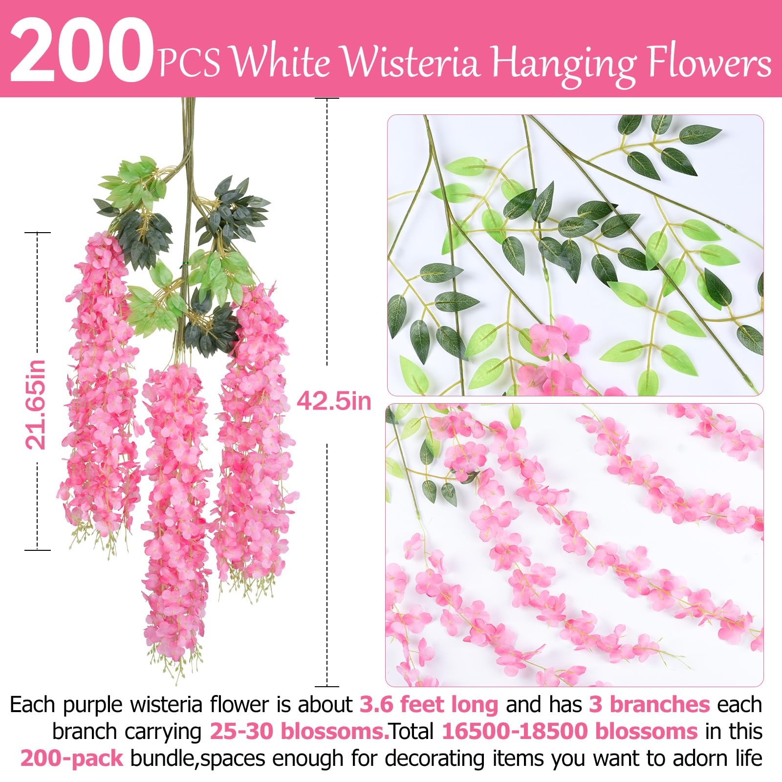 HLAONU 200 Pack Pink Wisteria Hanging Flowers Garland 3.6 Ft