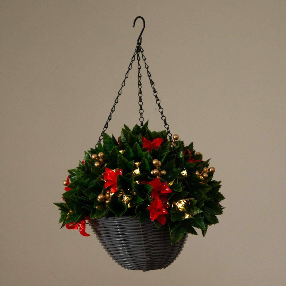 24 In. Pre-Lit UV Resistant Faux Red Tip Photinia & Gold Berries Christmas Hangi