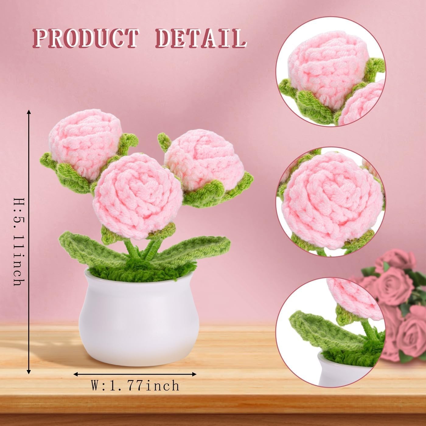 Pink Eternal Rose Crochet Preserved Roses Forever Knitted Flower for Birthday…