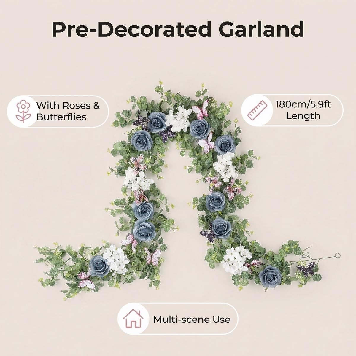 Artificial Eucalyptus Garland with Roses and Butterflies, Faux Hanging Vine G…