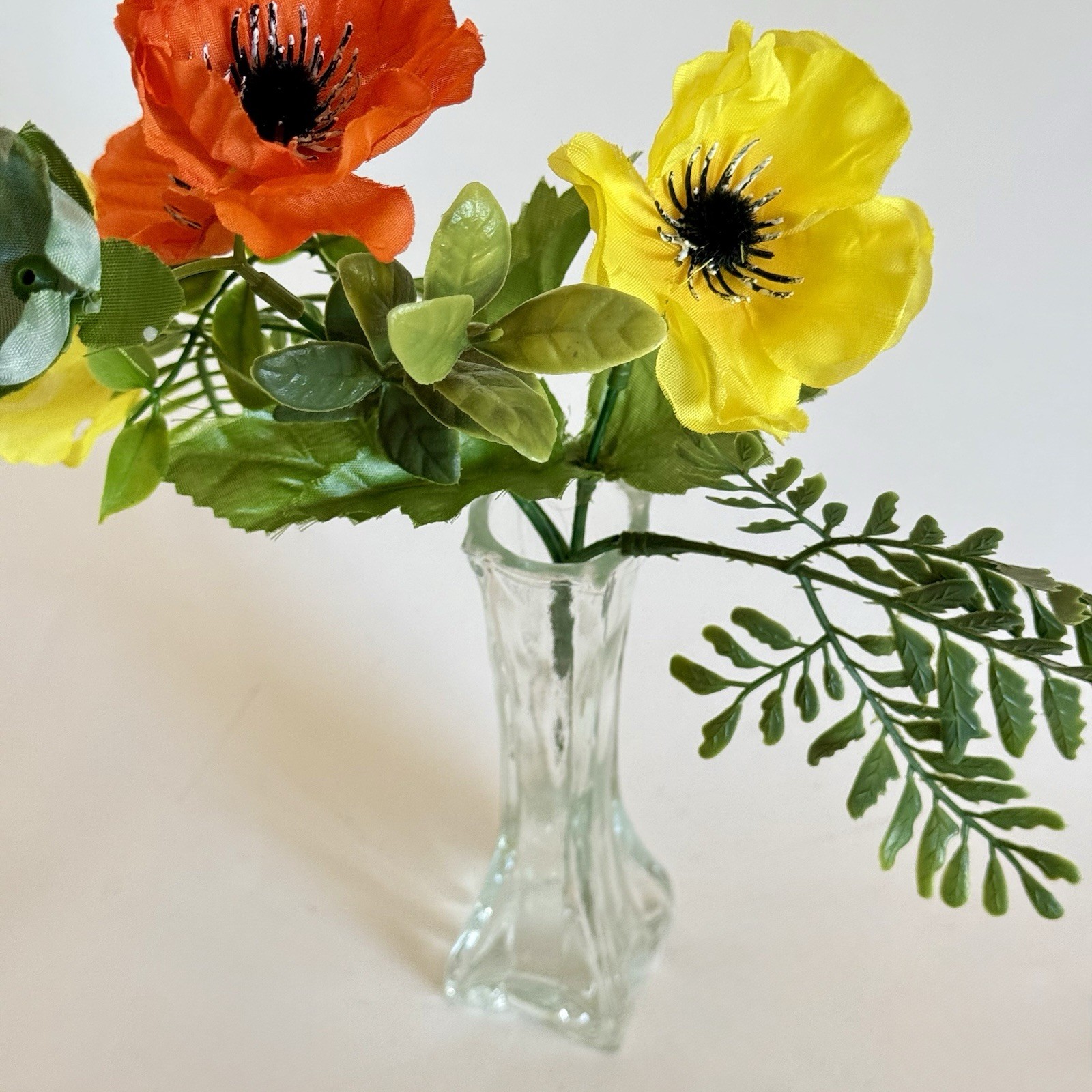 Faux Poppy Arrangement in Glass Bud Vase 10” Tall Red Yellow Floral