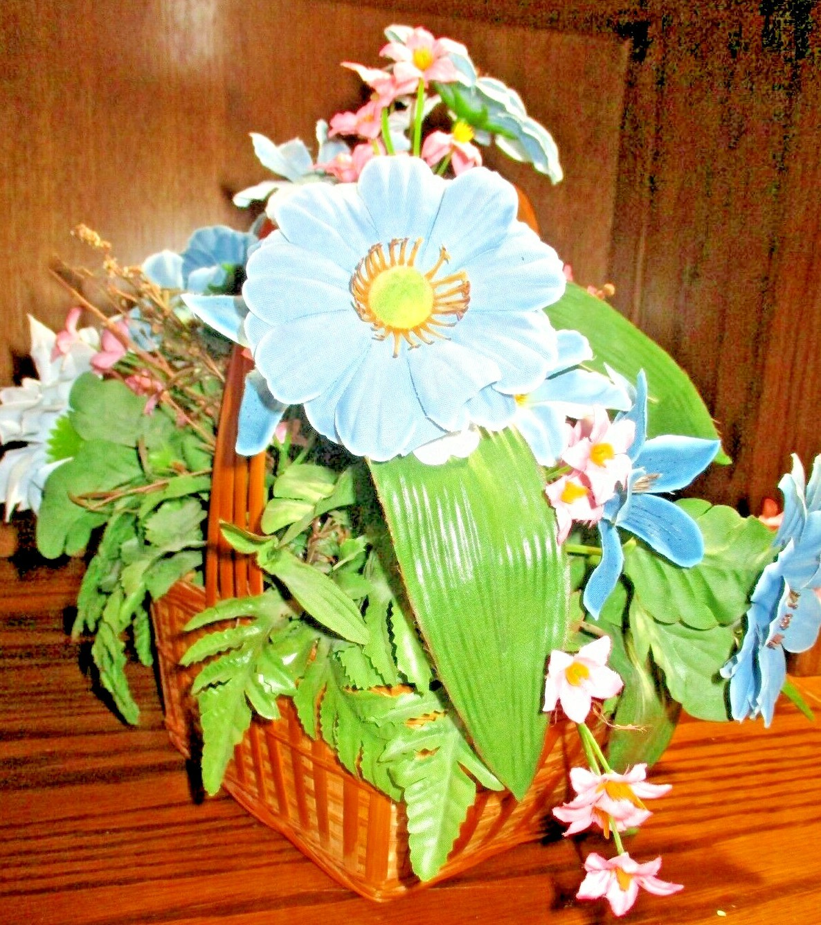 Artificial Silk Flower Arrangement Blue/ Pink Florals In Wood-Wicker Basket 516