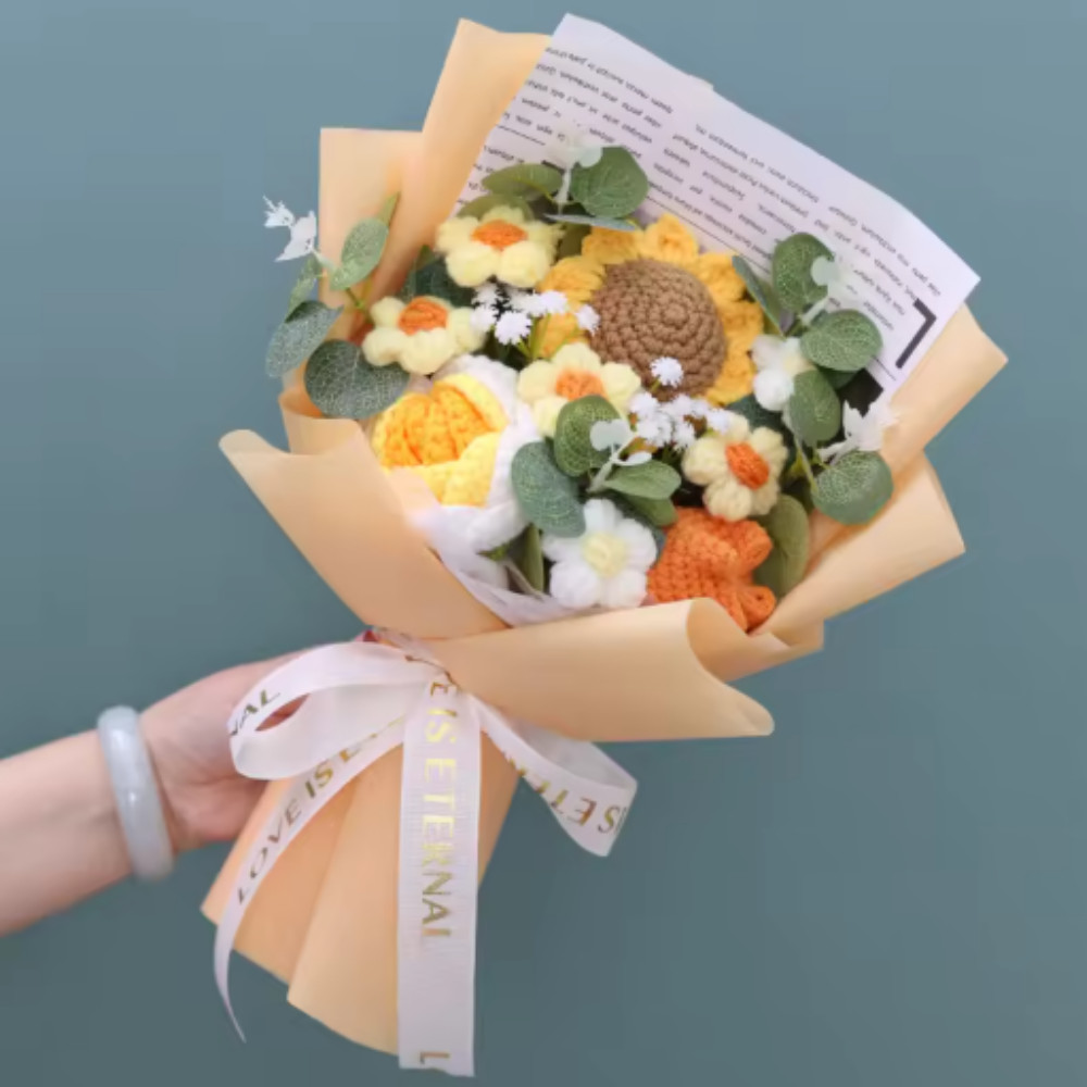 Crochet Sunflower & Rose Bouquet – Knitted Eternal Valentine’s Day Gift