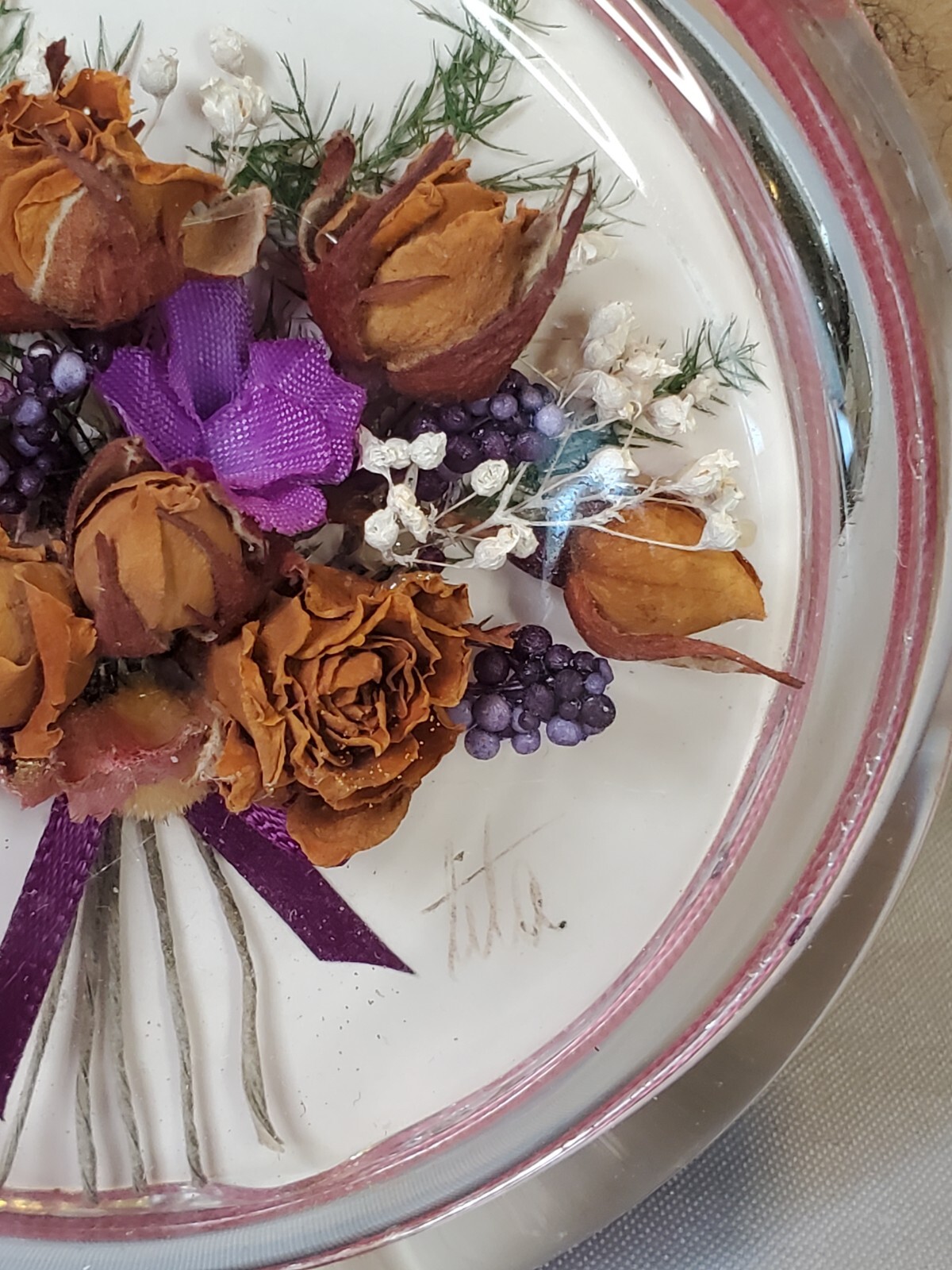Convex Glass Bubble Dried Floral Silk Ribbon Floral Wall Art Shabby Elegance Set
