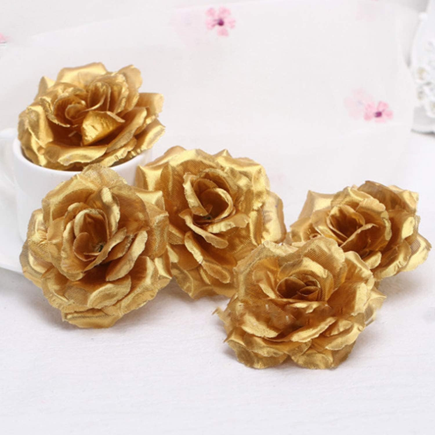 100 Pack Gold Roses Artificial Flowers Bulk, 3.5 Inch Silk Gold Faux Flowers