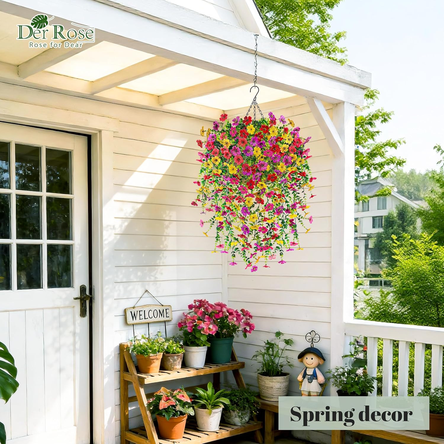 Artificial Hanging Flower Basket for Outdoors Fake Hanging Flowers Plants with 4