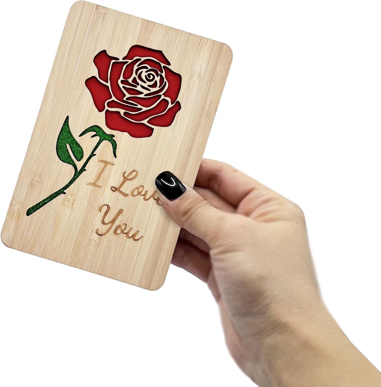 Wooden Valentine Card with Envelope for Her,Him,Romantic “I Love You” Rose C