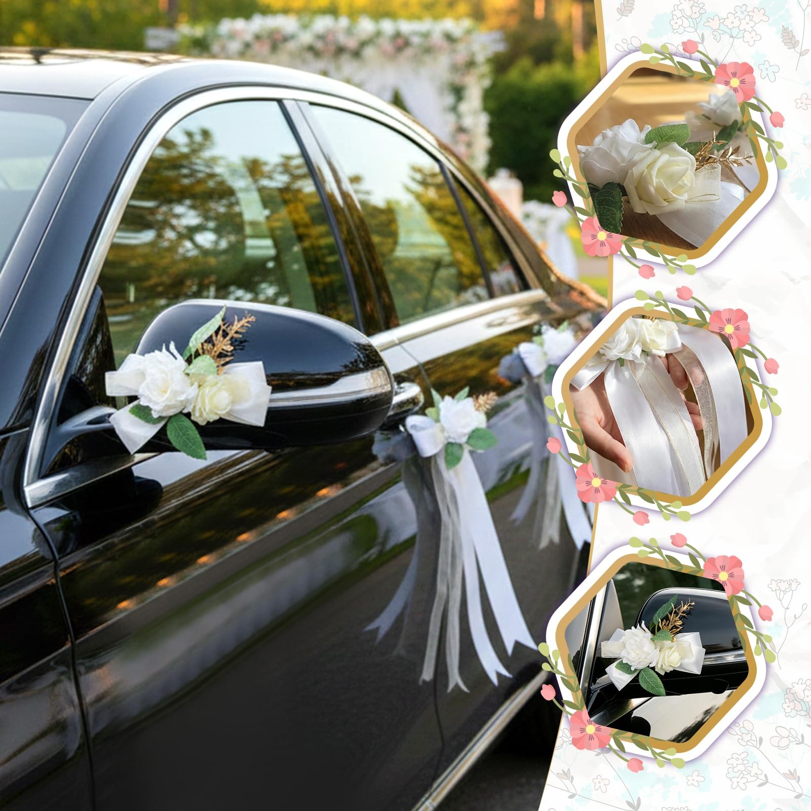 6 PCS Ivory White Rose Wedding Car Decor Kit Door Handle Rearview Mirror Flower