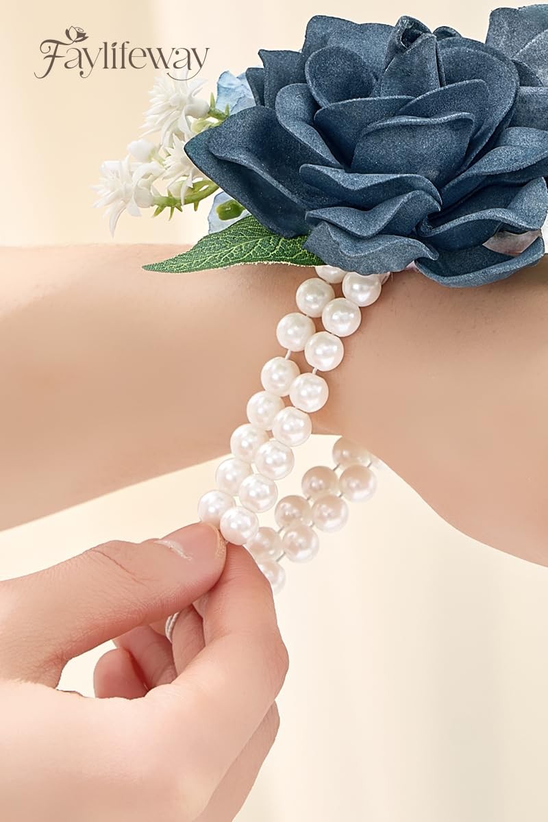 Blue Rose Corsage Boutonniere Set Prom Flower Wrist Wedding Artificial Decor
