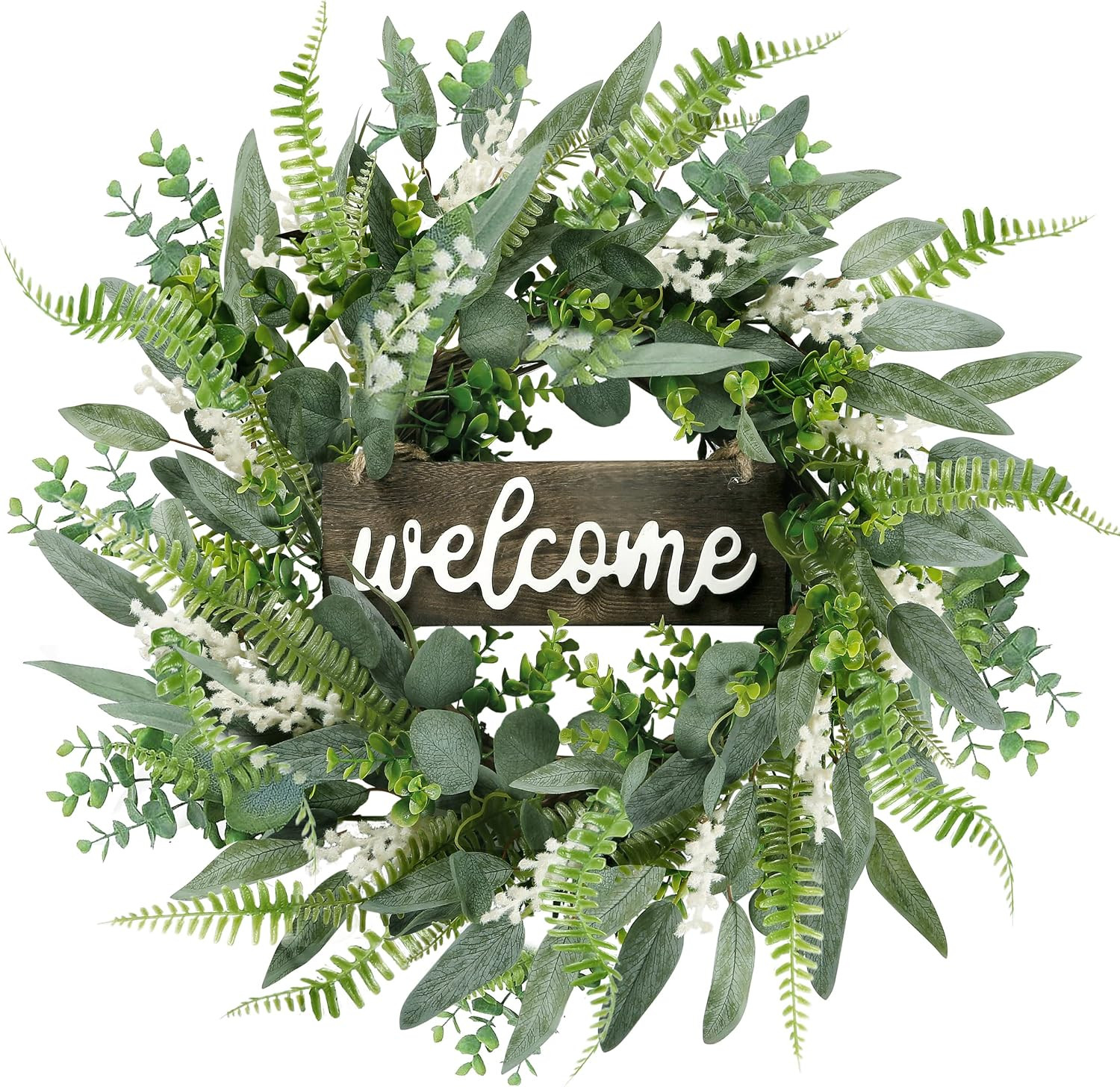 Green Artificial Eucalyptus Wreath with Welcome Sign 20In Mixed White Berries Sp